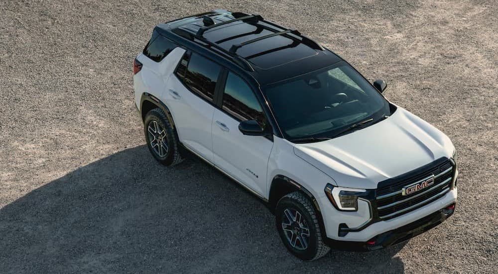 Aerial view of a white and black 2026 GMC Terrain AT4.