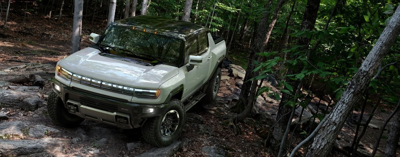 A white 2023 GMC Hummer EV is parked in a forest.