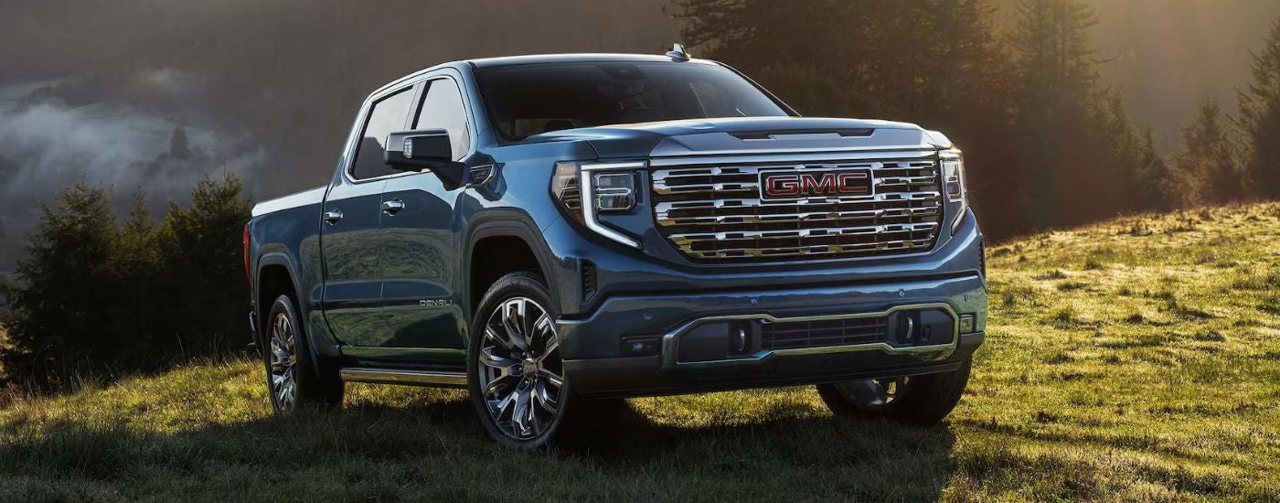 A blue 2025 GMC Sierra 1500 Denali parked on a grassy hill.